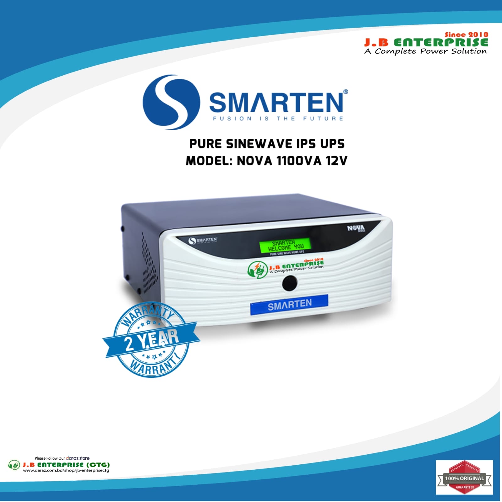 SMARTEN IPS 1100VA WITH EASTERN 200A TUBULAR BATTERY AND BOX FULL SET FOR 5 FAN 10 LIGHTS OR TV, COMPUTER OTHERS. 