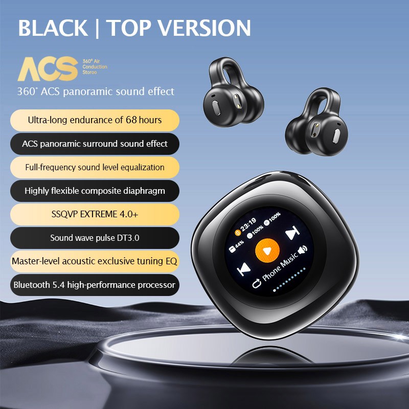 LCD Multifunctional Open Ear Clip On Headphones Built-in 1GB TF Card,Wireless Earbuds Bluetooth 5.4 Sport Earphones with TF Card Slot,2 in 1 MP3 Player Earbud with Charging Case Built-in Touch Control LED ScreeO