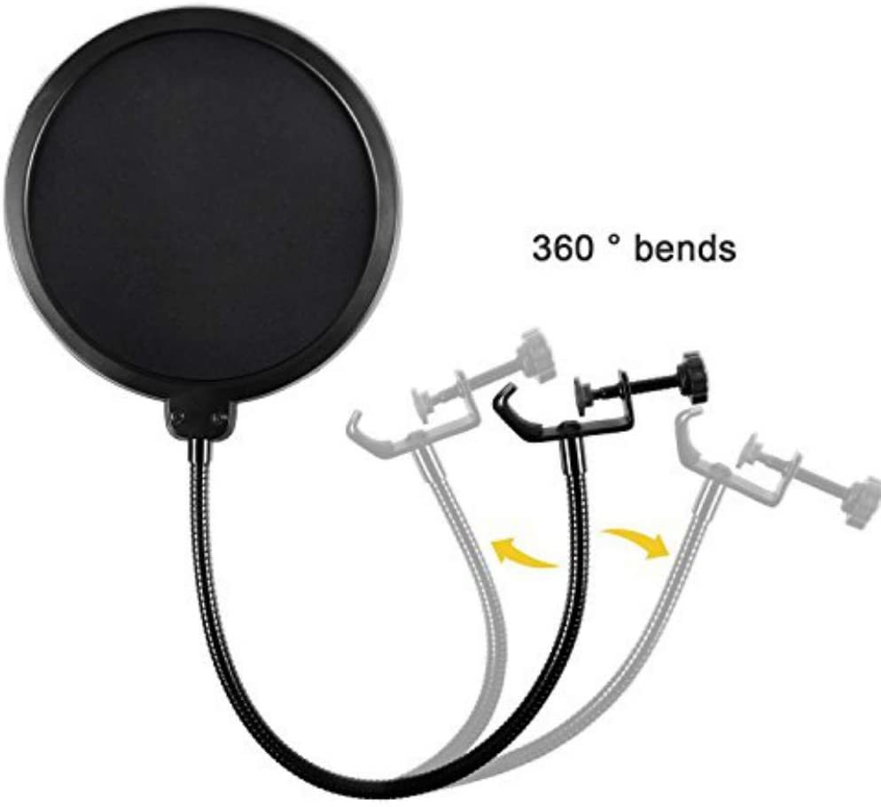 Microphone Pop Filter For Blue Yeti and Any Other Microphone Dual Layered Wind Pop Screen With Flexible 360° Gooseneck Clip Stabilizing Arm. 