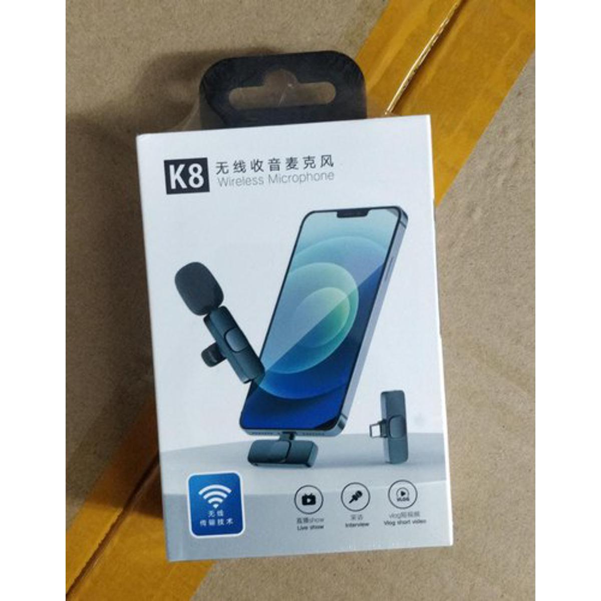Wireless Lavalier Microphone k8 Portable Audio Video Record Mini Wireless k8 2.4Ghz  Microphone For Android Live Broadcast Gaming mobile Phone Type-C & Lighting Black. 