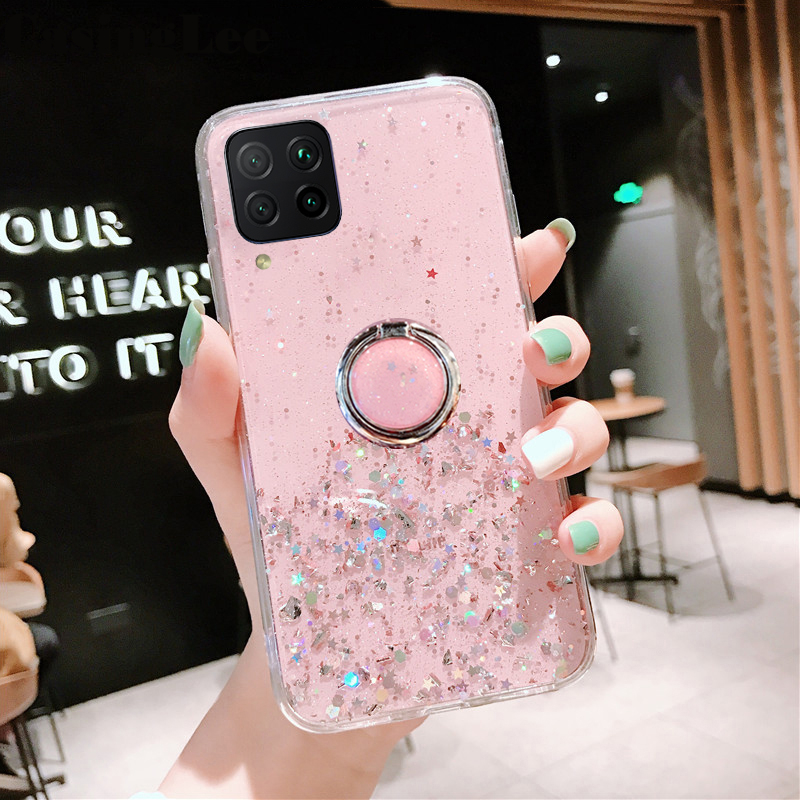 Casinglee for Samsung Galaxy M33 5G case Shiny Ring Glitter Soft Transparent Holder Stand Back cover with String for Samsung M33 5G Phone cases cover Stars Moon Girls. 