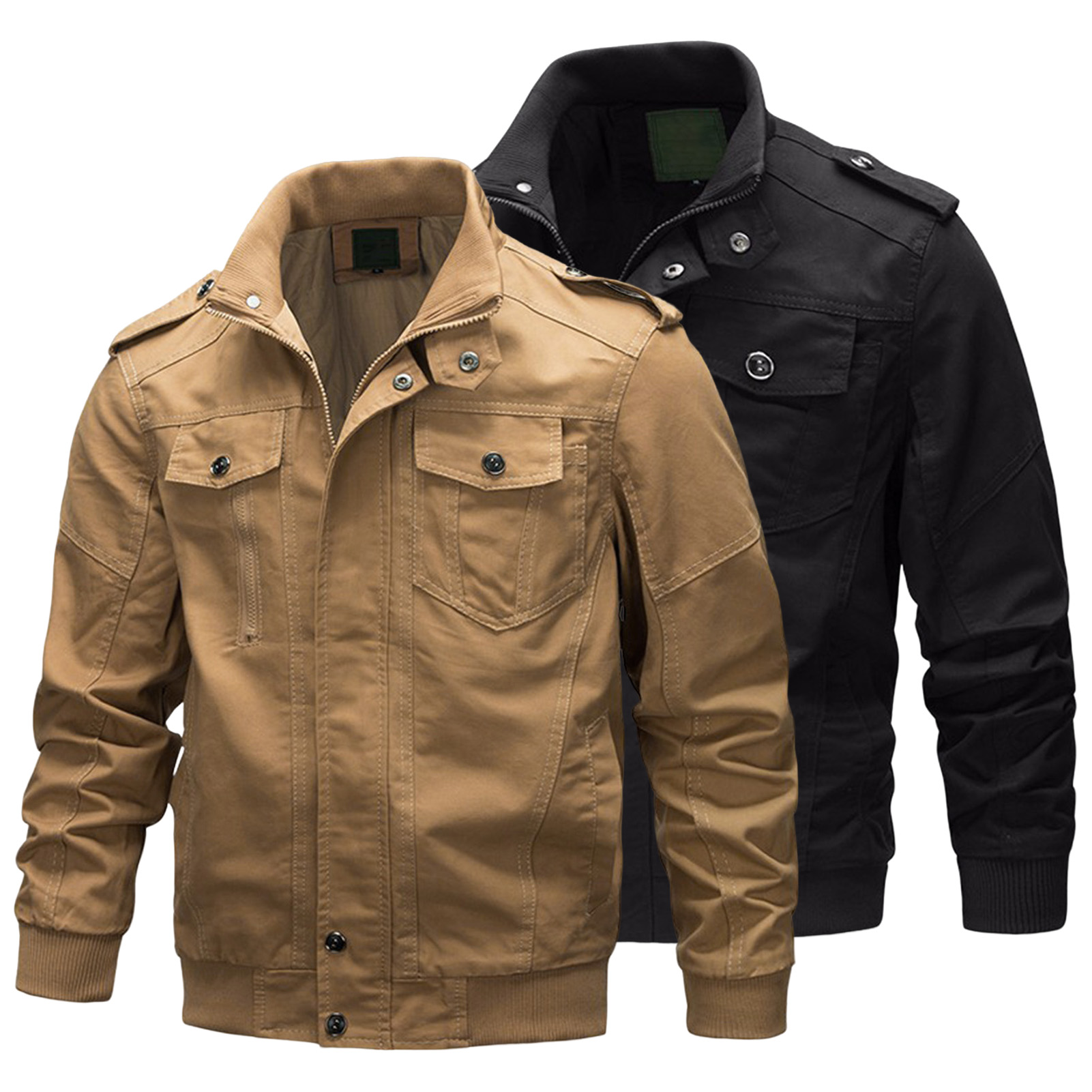 Bomber Jacket Ribbing Bottom Zipper Buttons Decoration Coat. 