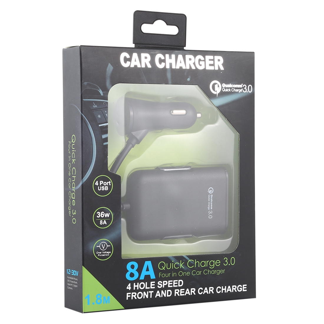 (New)HMQ-C801 1.8m 8A Max 4 Ports USB Car Charger with Extending USB HUB for Front y Back Seat Charging. 