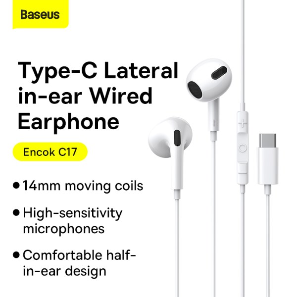 BASEUS Encok C17 Type-C Wired In-ear Earphone Type C Audio Jack with Microphone with Volume Control in Ear For Samsung Huawei Xiaomi Mobile Phone - Ear Phone - Headphone. 
