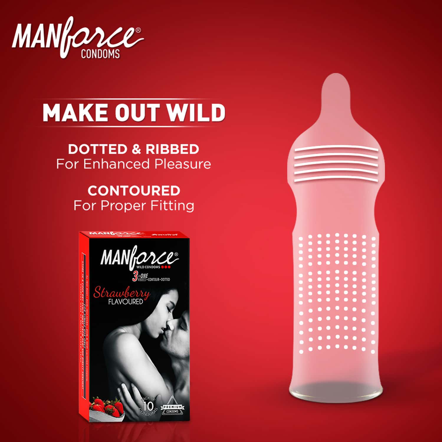 Manforce Wild Condom 3 In1 Strawberry Flavour 10 Pcs Pack (Made in India). 
