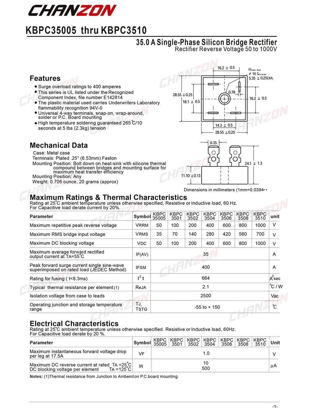 2 Pcs KBPC3510 Bridge Rectifier Diode 35A 1000V KBPC 3510 Single Phase Full Wave 35 Amp 1000 Volt Electronic Silicon. 