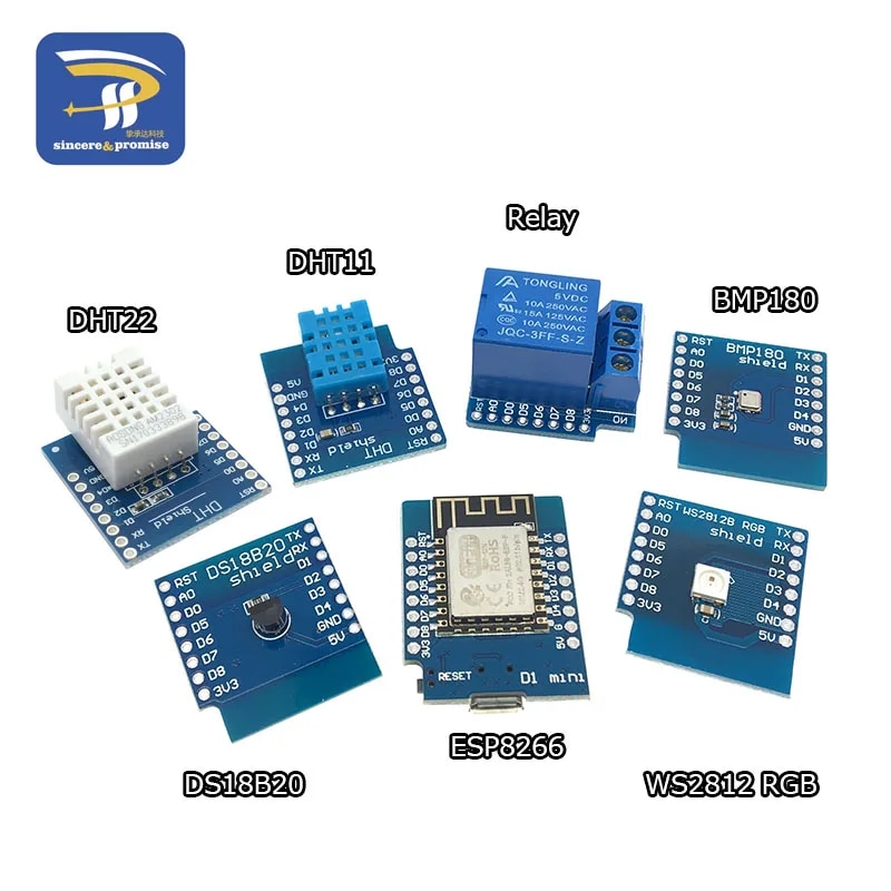 【YIYANGMAOYI111】ESP8266 D1 Mini Pro WiFi Development Board NodeMcu Lua WS2812 RGB DHT11 AM2302 Relay Matrix Shield for WeMos DIY. 