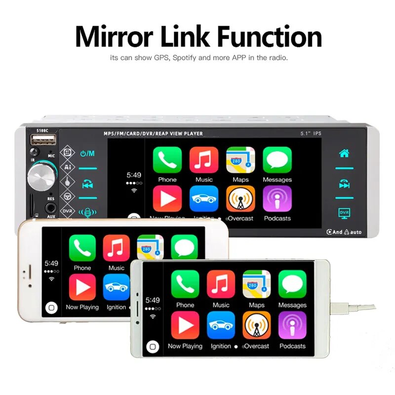 PolarLander  Mirrorlink AM Touch ​Screen 5.1 Inches Car Multimedia Player 1 Din MP5 4-USB Bluetooth MP4 FM Carplay/Android Auto. 