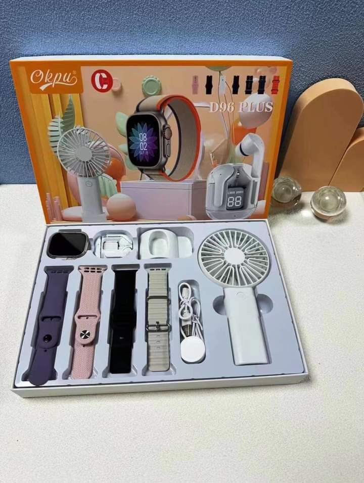 D96 Plus Smartwatch, Handy Fan and Earbuds Combo Set. Bluetooth Calling Smart Watch with 4 Straps, Best Quality Hand Fan and Earbuds Gift Set. 