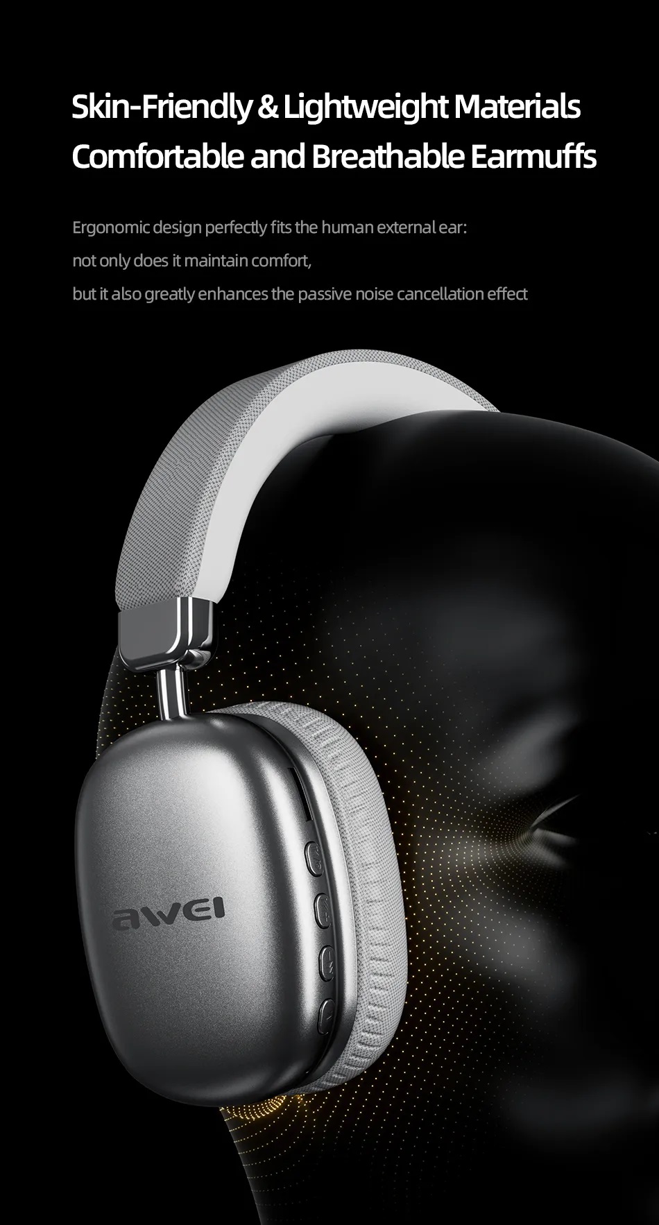 Awei AT7 True Wireless Hifi Overhead Earphone with 70hour music playback Time. 