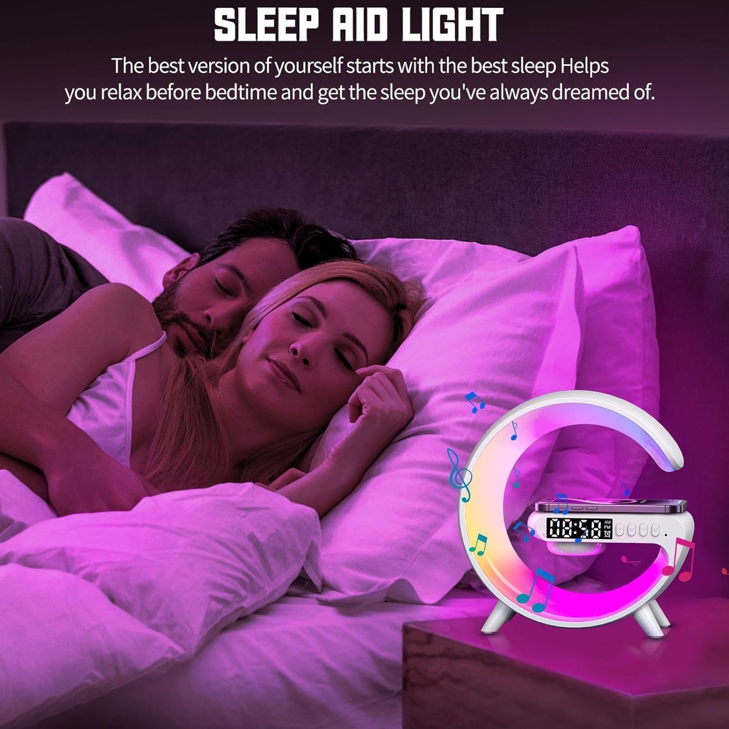 Smart Light Sound Machine with Wireless Charger, Music Rhythm Atmosphere Light, Bluetooth Speaker, Clock Alarm, Button and APP Control (White). 