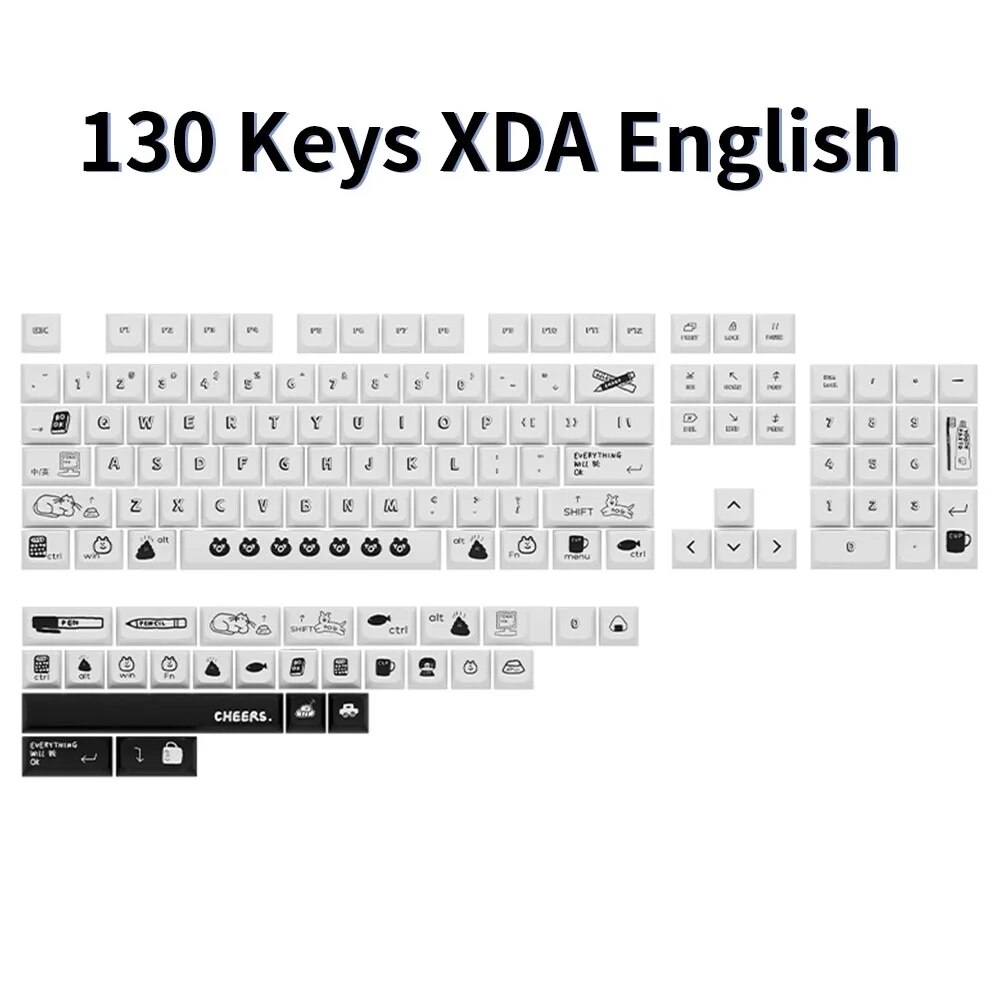 130 Keys Black White Cartoon Keycaps XDA Profile PBT Dye Sublimation Personalized KeyCaps For GMK67 75 87 Mechanical Keyboard. 