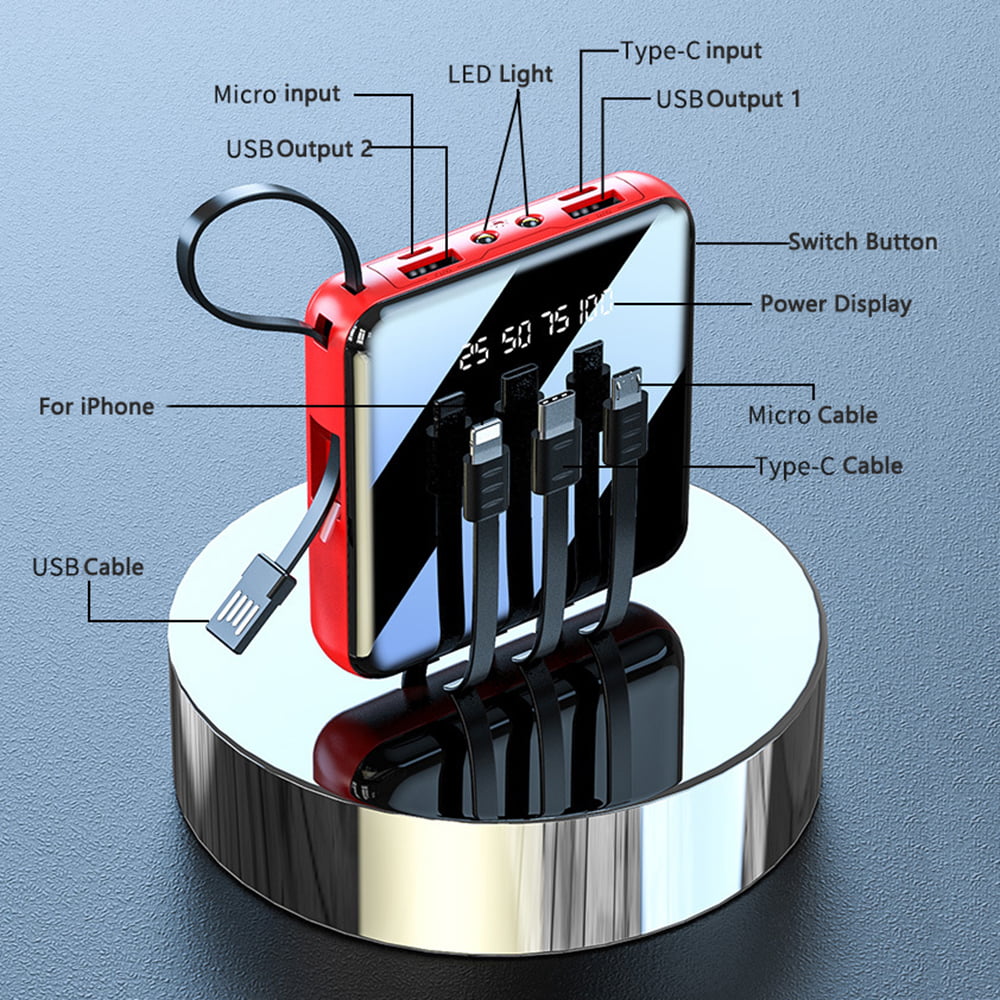 Smart Power Bank Portable Charger 4 in 1 Mini Power Bank for iOS/Micro/type-c/USB-A. 