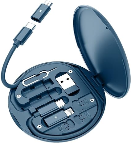 KTOL USB Cable Card,Multi-Function Portable USB Adapter Card Storage Set,60W Fast Charge,USB-C/USB-A/Micro-USB/Charging Cable Kit,Sim Card Tray Eject Pin,Hidden Bracke(excluding Micro SD Cards) Blue