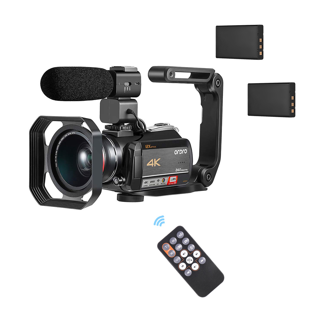 ORDRO AC5 4K WI-FI Digital Video Camera Camcorder Recorder DV 24MP 3.1 Inch IPS Touchscreen 12X Optical Zoom Time-Lapse Face Detection Anti-shake with 2pcs Lithium Batteries + 0.39X Wide Angle Lens + Lens Hood + External Microphone + Camera Holder. 