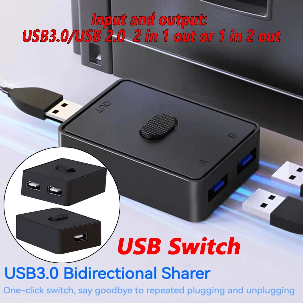 USB Switch 5Gbps KVM USB HUB 2 in 1 Out 1 in 2 Out USB 2.0 Switcher Selector USB 3.0 Two-Way Sharer for Printer Keyboard Mouse