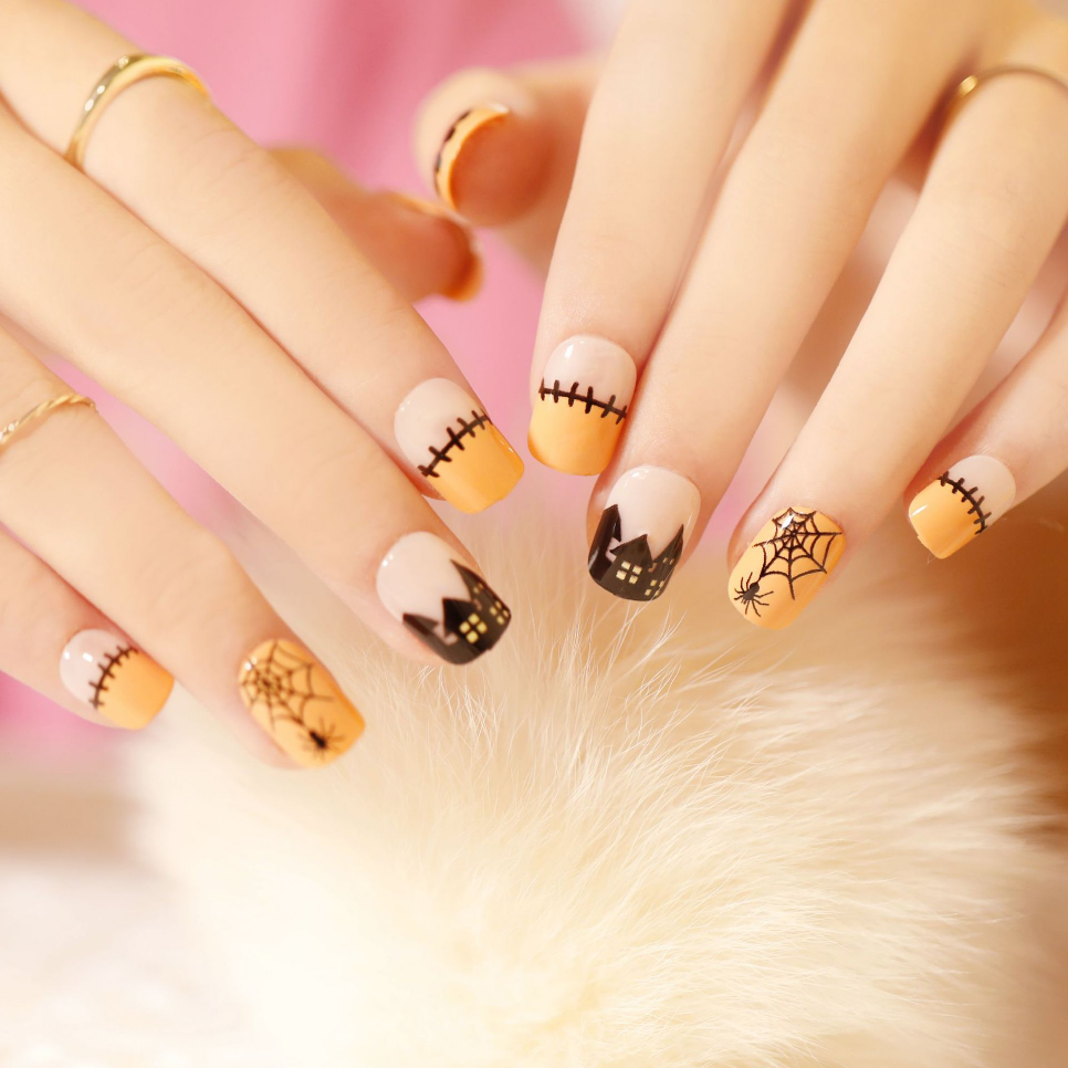 24Pcs Halloween Short Collection False Nails Wearing Artificial Press on Nail Tips Finished Ghost Pumpkin Weird Nails Art. 