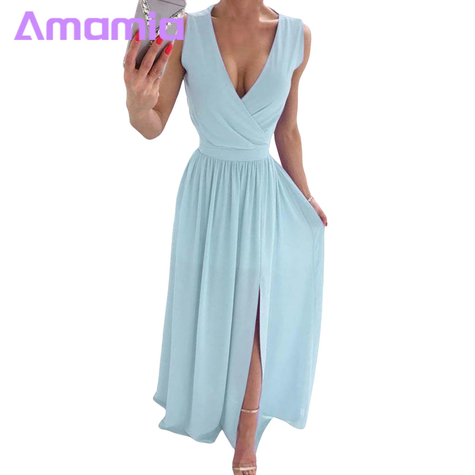 V-neck Maxi Dress Elegant V Neck Sleeveless Maxi Dress for Wedding Cocktail Party Prom Women's Evening Gown with Pleated Split Hem Slim Waist Floor Length Solid Color Buyers' Favorite Choice Women