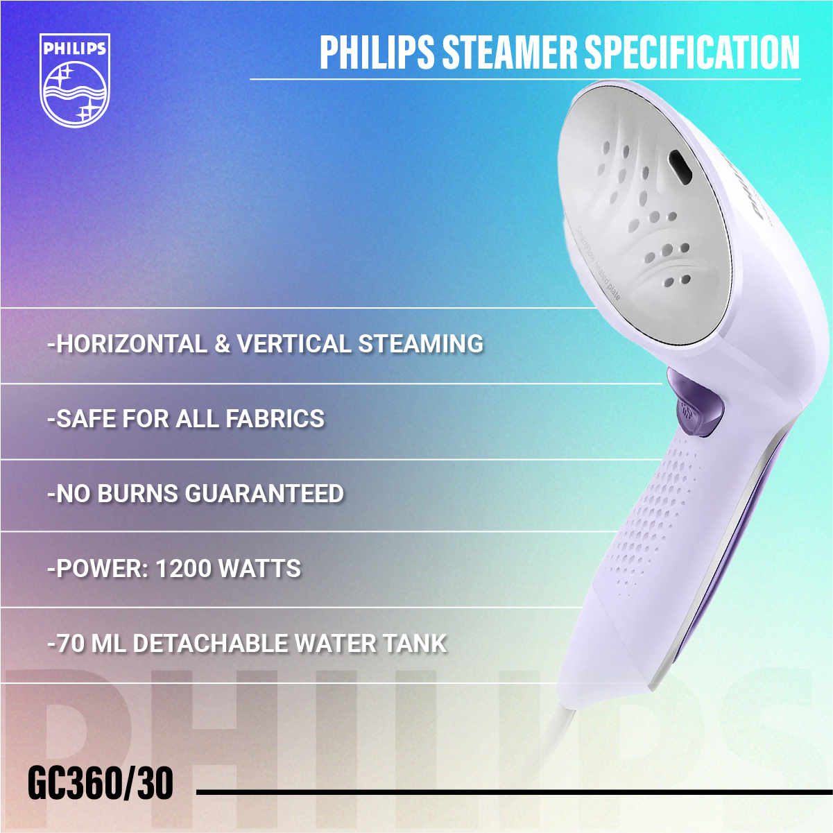 Philips Handheld Garment Steamer GC360/30 - Vertical & Horizontal Steaming, 1200 Watt, up to 22g/min steam, Kills 99.9%* Bacteria. 