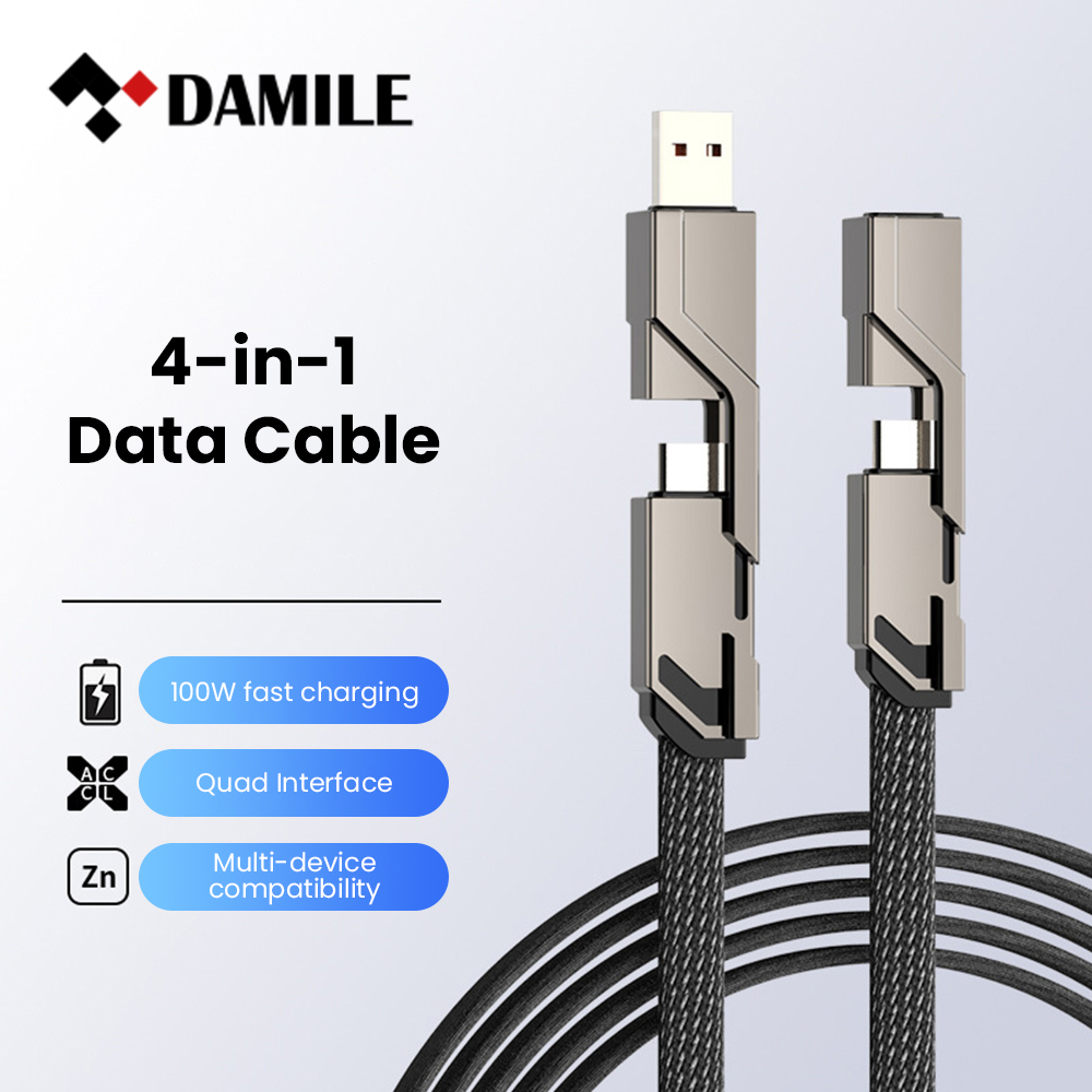 4 in 1 Fast Charging USB Type C Cable Charger Cable Data Cable For phone Phones Accessories Mobile Phone Cable Flat Braided Anti-Tangle Charger Cord SJX-035