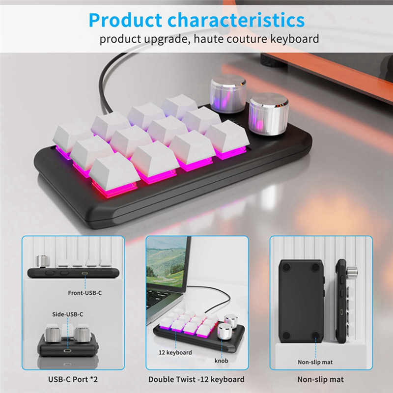 Custom Keyboard Volume Button Knob Programming Macro Gaming Black, 12 Keys 2 Knob Bluetooth. 