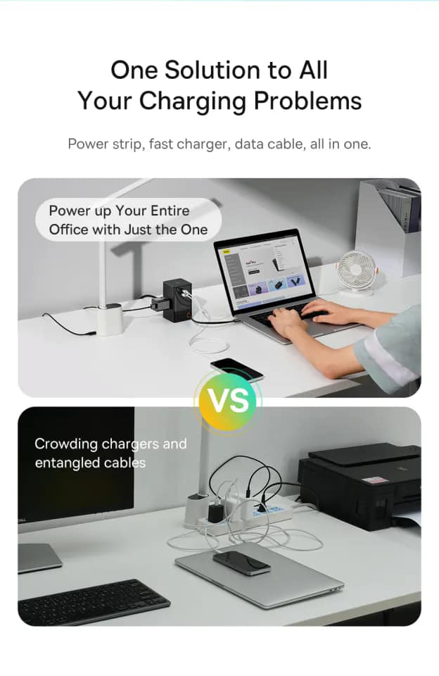 Baseus GaN Charger Gan5 Pro Power Combo Digital Power Strip 3AC 1U 1C Retractable-C 65W with 1.5m power cord CN Black. 