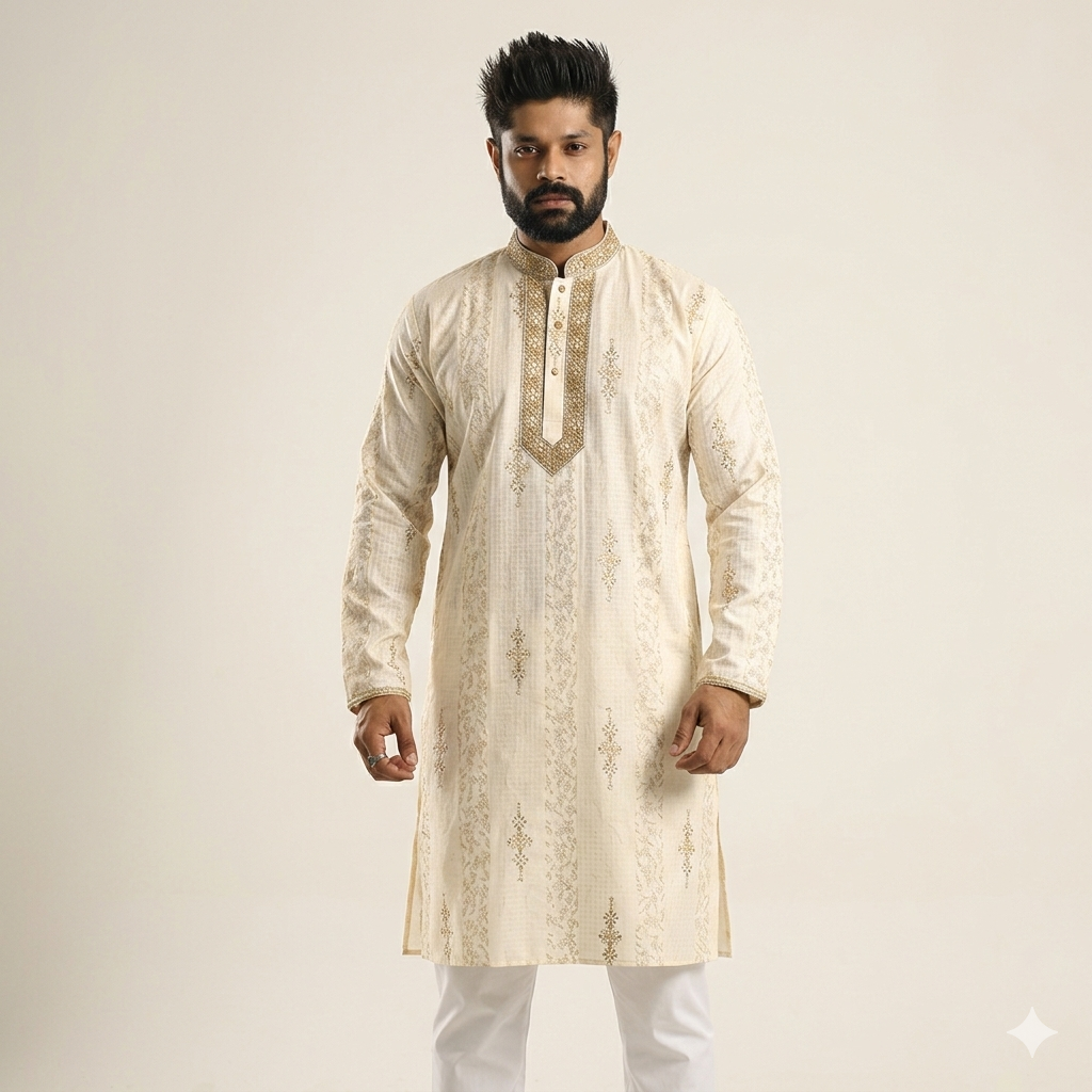 Premium Indian Embroidery Style Golden Panjabi for Men â Elegant Festive Wear, Luxurious Golden Fabric, Traditional Indian Design, Comfortable Fit, Perfect for Weddings, Parties & Cultural Events â Stylish Menâs Ethnic Outfit