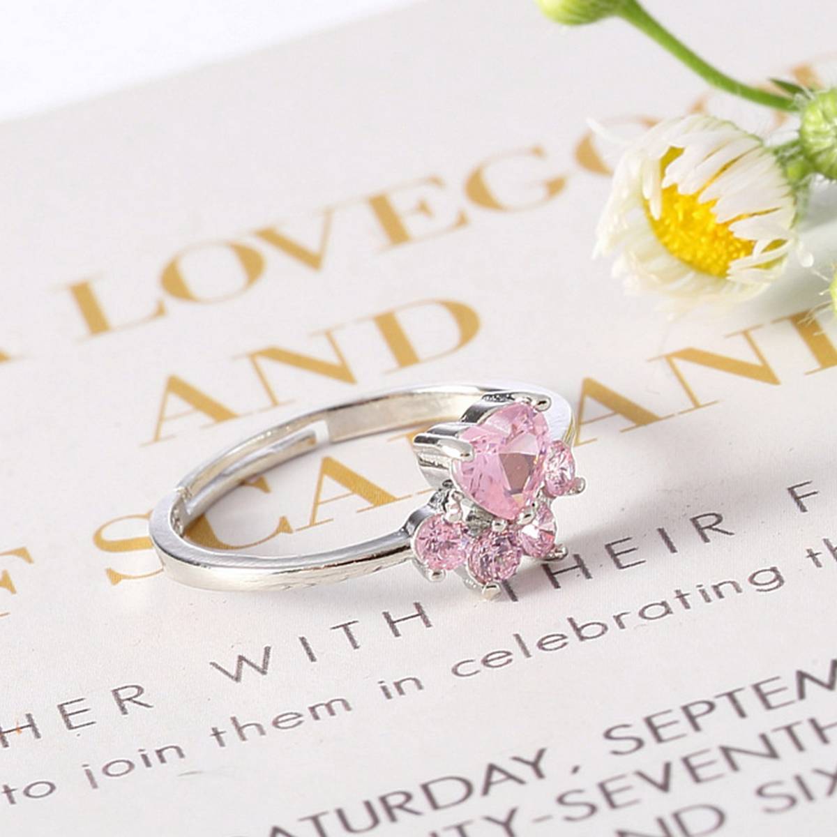 Women Cat Paw Shape Round Heart Cubic Zirconia Inlaid Adjustable Ring Jewelry