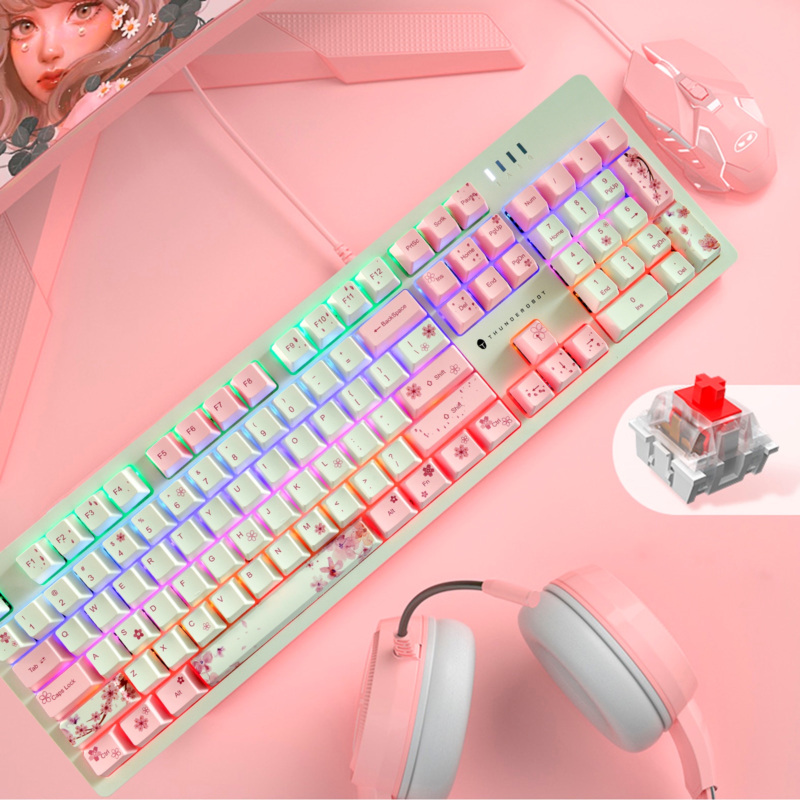 SAKURA 60% 100% Mechanical Keyboard Double-shot PBT Keycaps OEM Profile For Cherry MX Switches and DIY Gaming Bluetooth Keyboard. 
