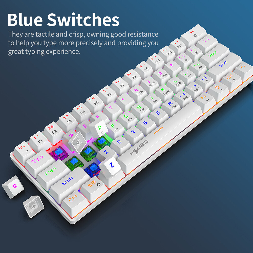 HXSJ V900 Wired 61 Keys Compact Mechanical Keyboard RGB Backlit Keyboard N-key Rollover Blue Switch Double Shot Keycaps, White. 