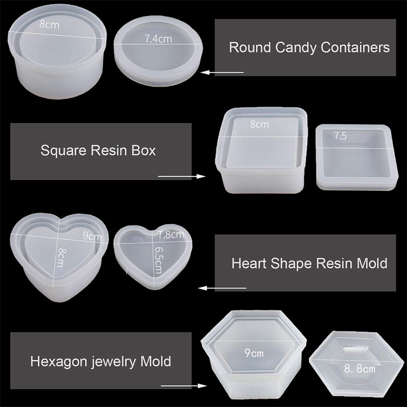 4 Pack Box Resin Jewelry Box Heart Shape /Hexagon/Round and Square Epoxy Containers with Lid. 