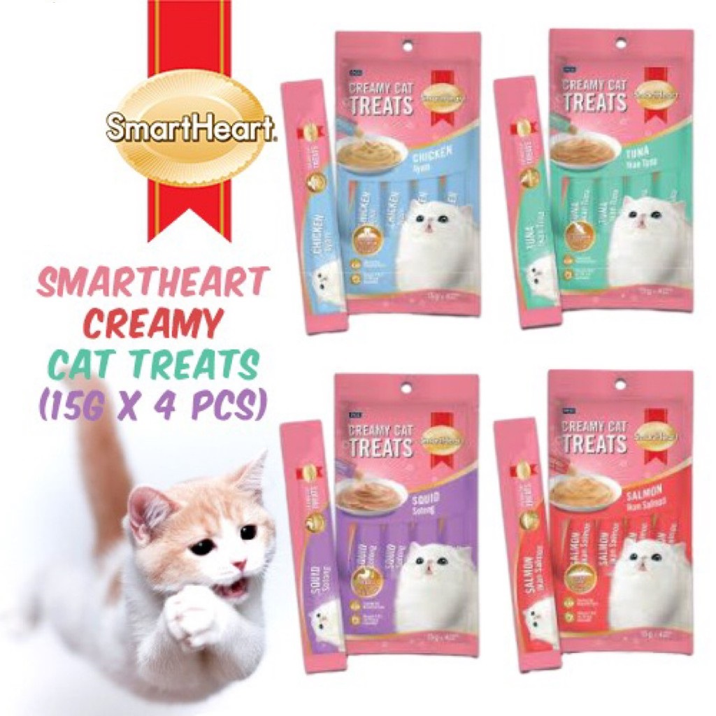 Smartheart Creamy Cat Treats Snack Kucing Liquid 60 Gram 4 defferend flavour - Chicken, Tuna, Squid, Salmon - (15g x 16 pcs). 