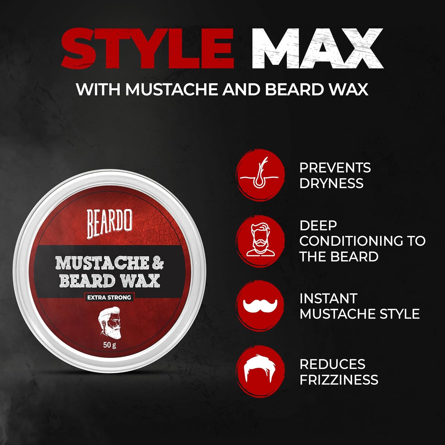 Beardo Beard and Mustache Wax, 50 gm | Beard Wax for Beard & Mustache Styling | Long Lasting Extra Strong Hold Wax for Men | Beard Hair Wax for Smooth, Shiny & Healthy Beard. 