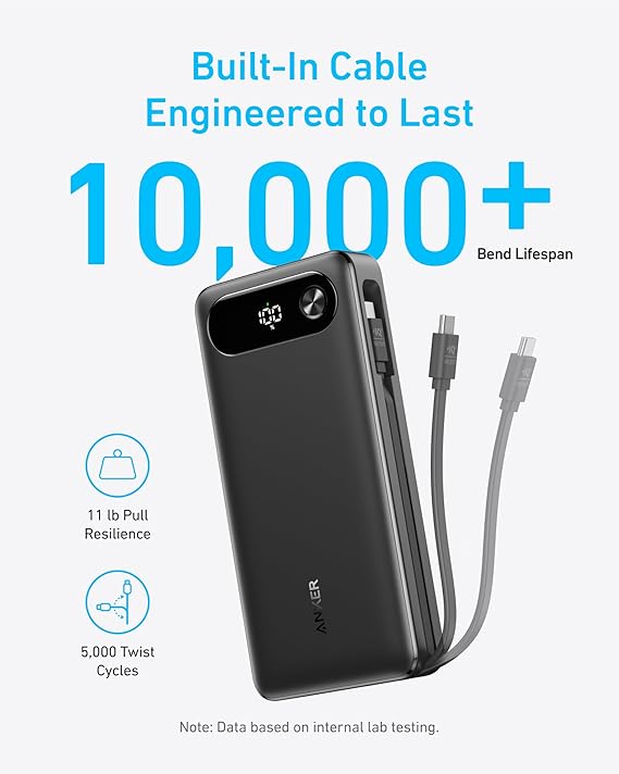 Anker a1383 পাওয়ার ব্যাংক, বিল্ট-ইন 20,000 কেবল সহ USB-C mah পোর্টেবল চার্জার, ল্যাপটপের জন্য 87w ম্যাক্স ফাস্ট চার্জিং ব্যাটারি প্যাক, 2 USB-C কেবল. 