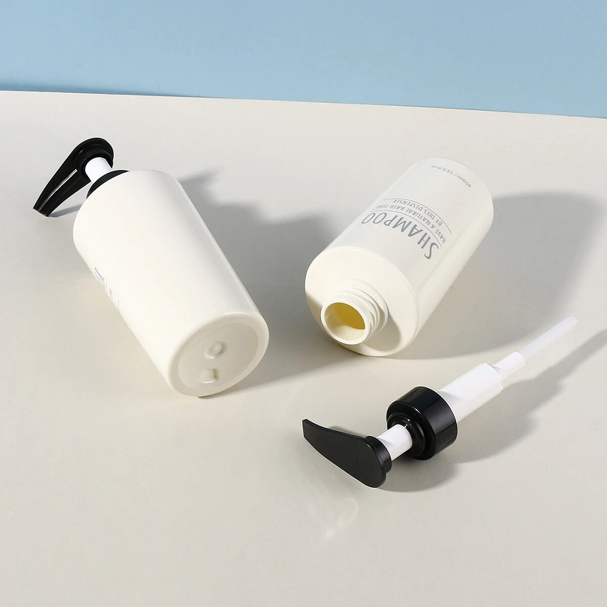 400ml Empty Beige Modern Design Refillable Shampoo and Conditioner Dispenser Pump Bottle with Pump Set 3pcs. 