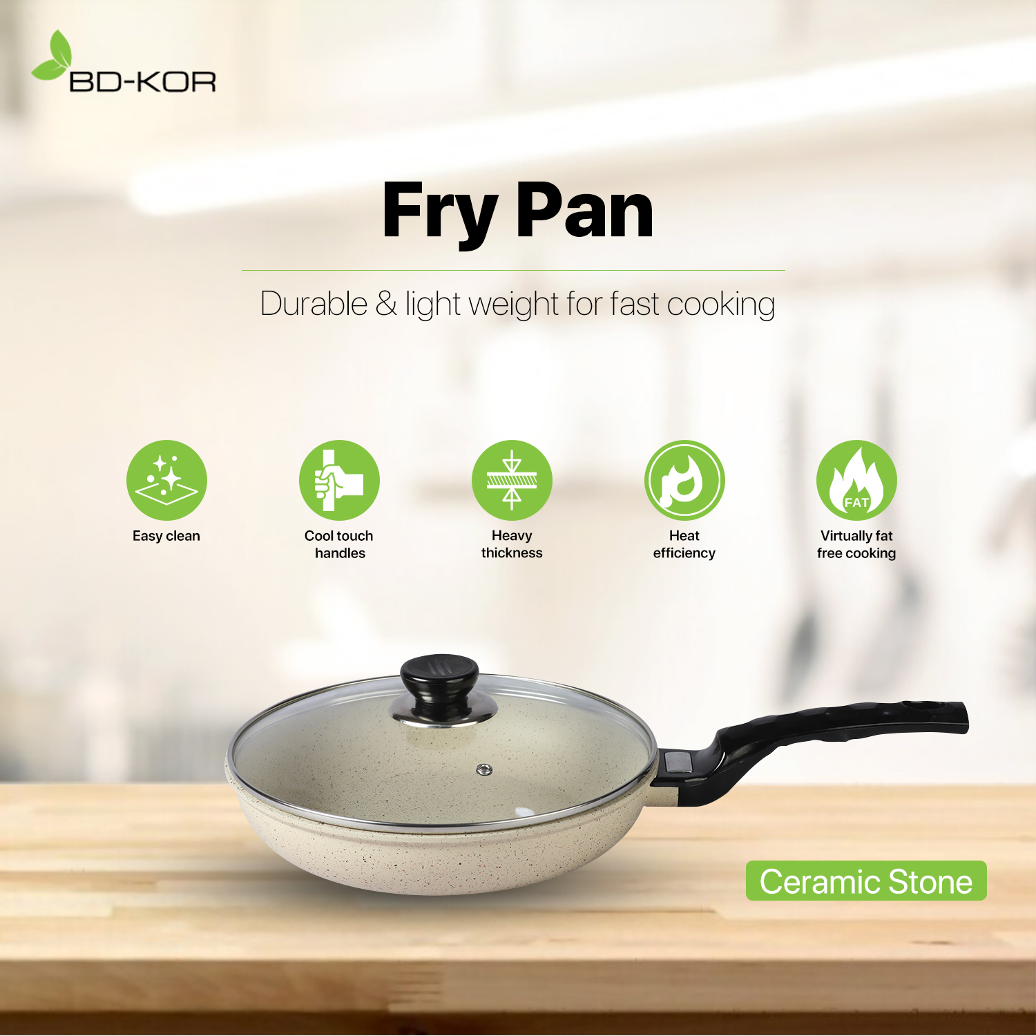 BdKor Fry Pan (26 Cm) NonStick Premium Marble Coating With Glass Lid