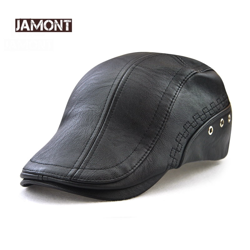 JAMONT 100% PU Leather Newsboy Cap Winter Berets Male Warm Visors