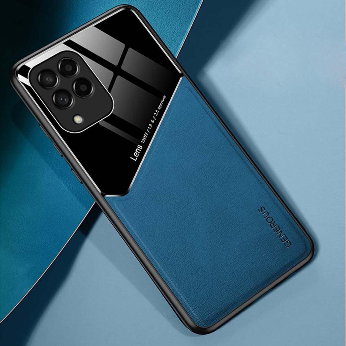 xprmy for Samsung Galaxy M52 Phone Case Double Shell Leather Plexiglass Lens Protective Skin Texture Shell Anti Drop Back Cover