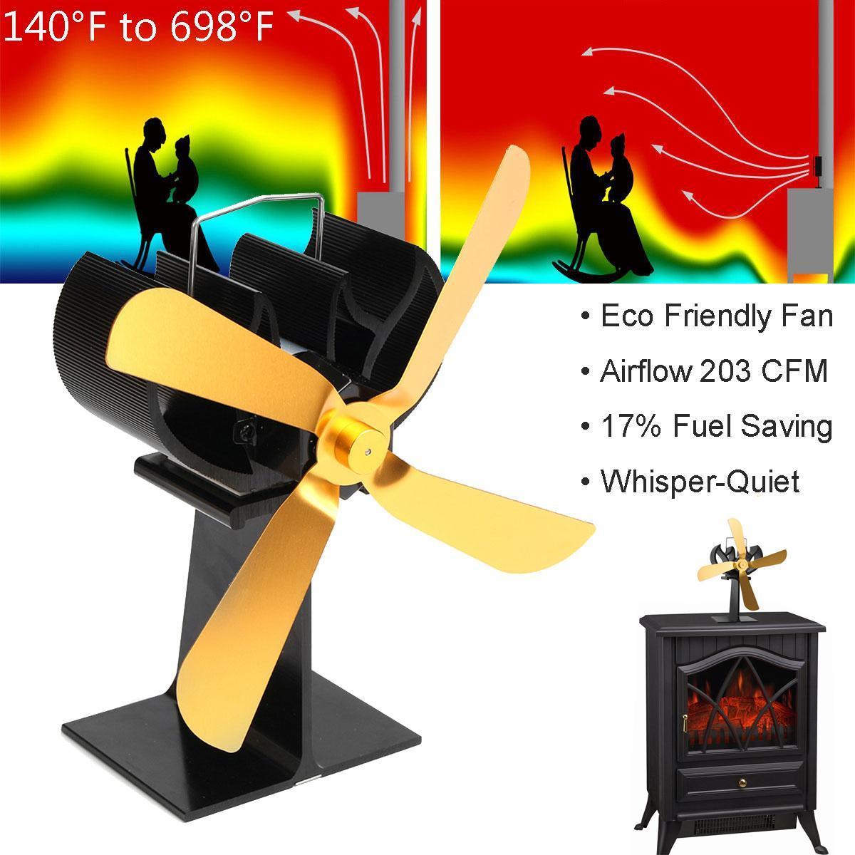 4-Blade Heat Powered Wood Stove Fan Ultra Quiet Fireplace Wood Burning Gold