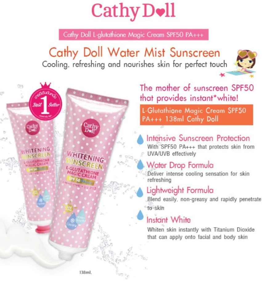 Cathy Doll SPF 50 Whitening Sunscreen L-glutathione Magic Cream - 138ml. 