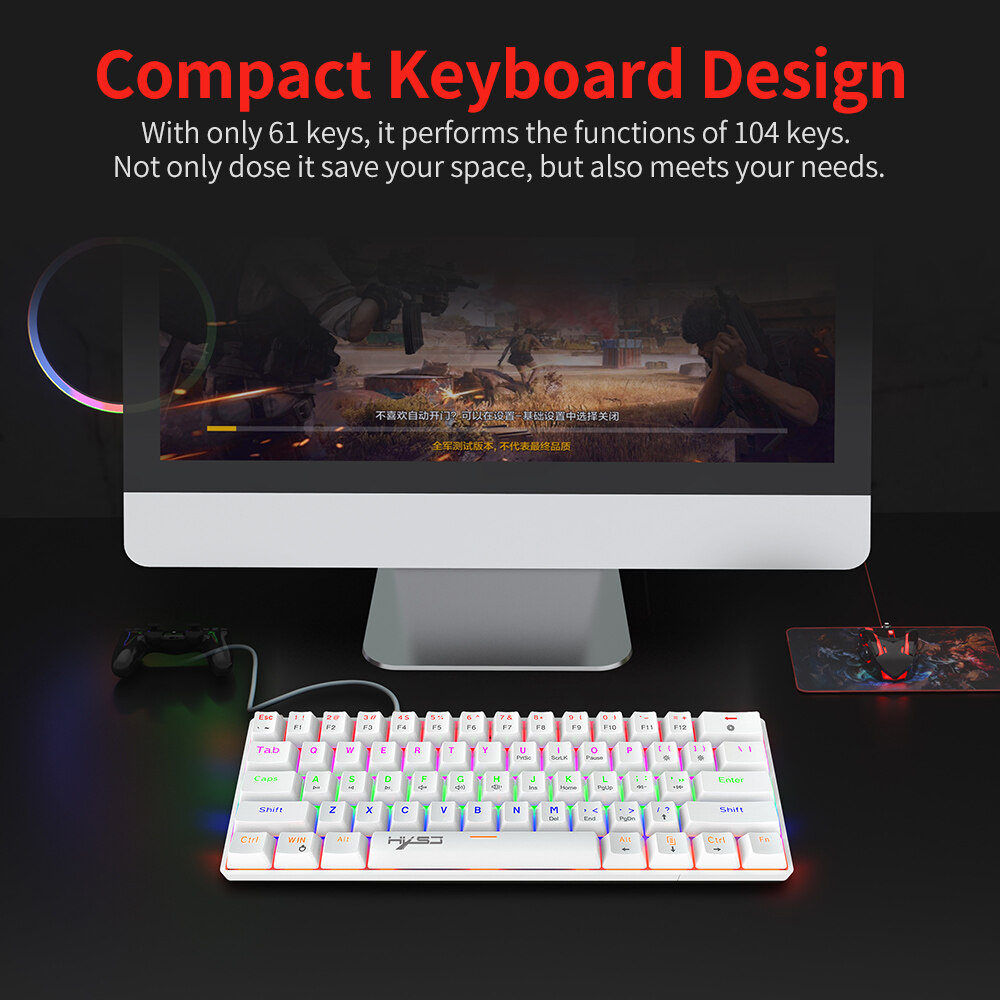 HXSJ V900 Wired 61 Keys Compact Mechanical Keyboard RGB Backlit Keyboard N-key Rollover Blue Switch Double Shot Keycaps, White. 