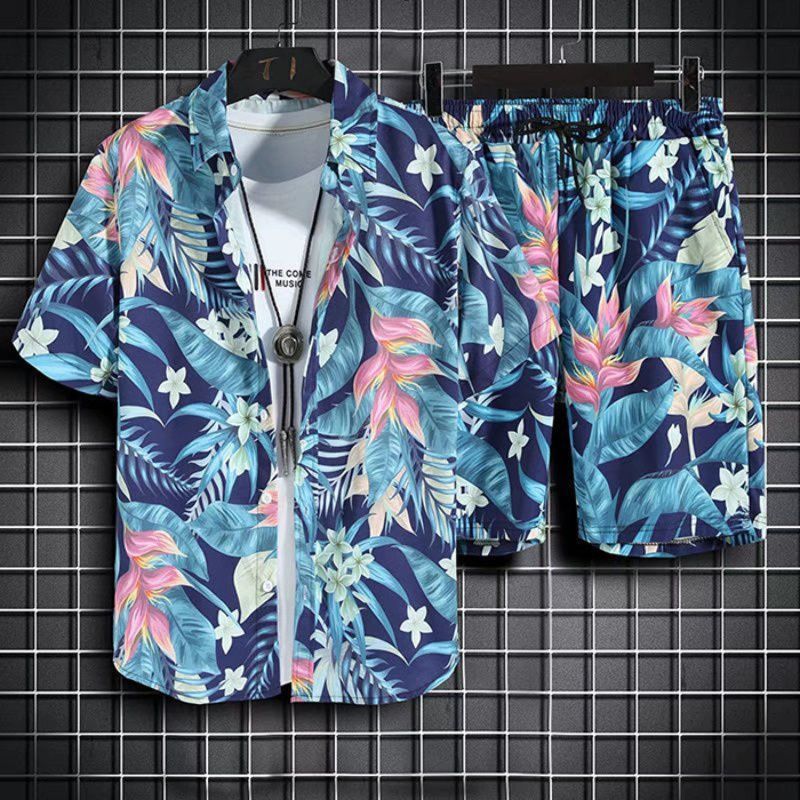 Hawaiian Style Beach Pants Men's Loose Quick-Dry Casual Suit Printed Shirt Shorts Couple plus Size Set. 