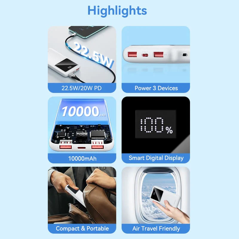 VENTION  10000mAh LED Display Power Bank FHKB0/FHKW0 - 22.5W/20W PD output - Simultaneous Charging - Smart Digital Display - Long Backup Power Bank. 