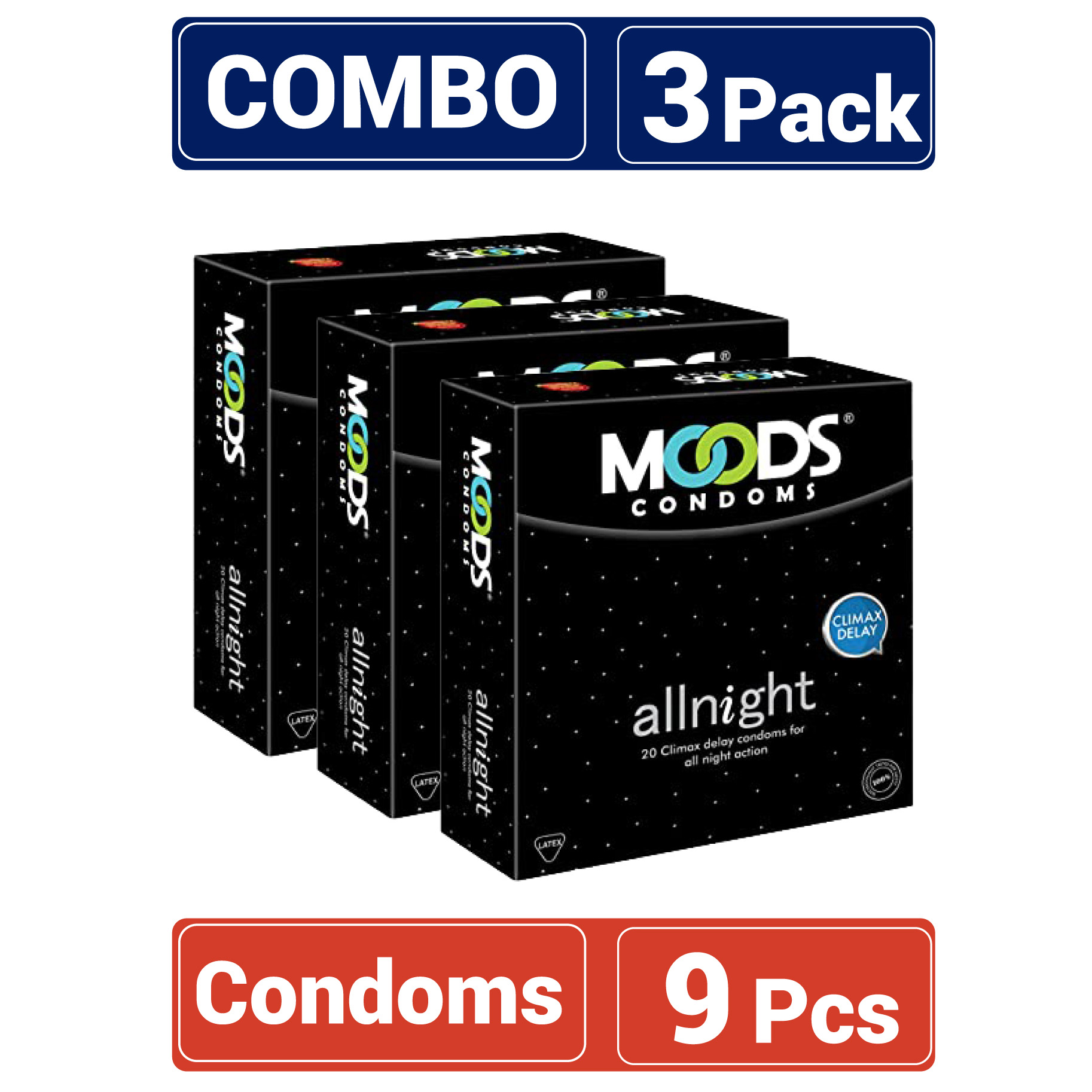 Moods - All Night Condom - Combo 3 Pack - 3x3 = 9 pcs Condom. 