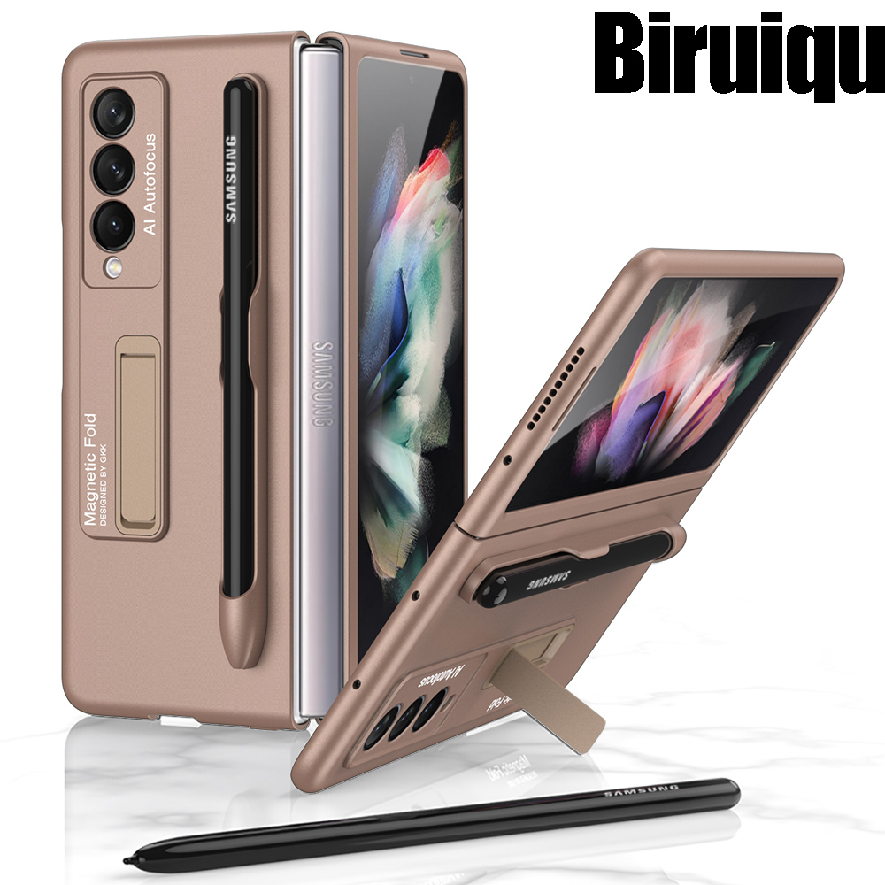 Biruiqu For Samsung Galaxy Z Fold 3 Case with S-Pen Pocket Protective Case with Built-in Magnetic Kickstand PC Shockproof Cover. 