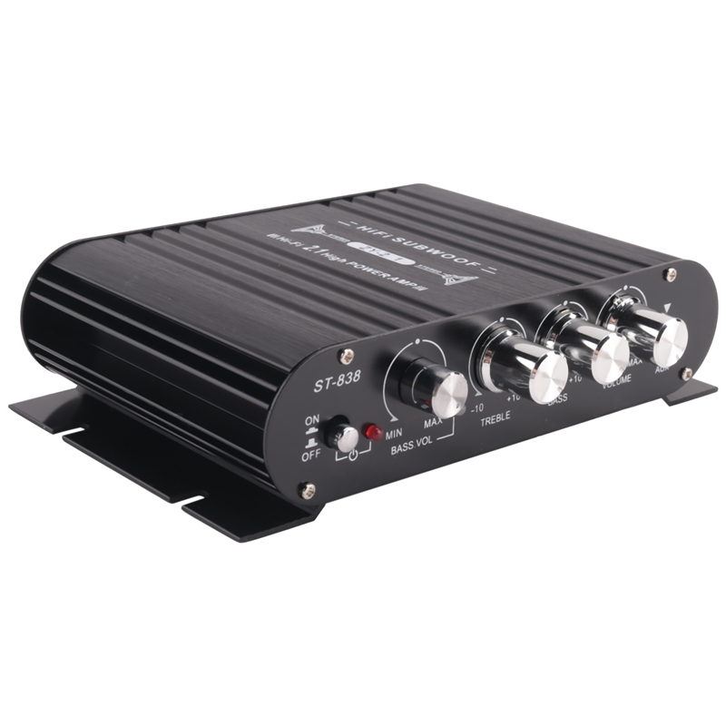 ST-838 HIFI Amplifier 2.1 Channel Car MP3 Mini Amp AUX Input High and Low Bass Adjustment Super Bass 20Wx2+40W Amplifier Easy Install Easy to Use
