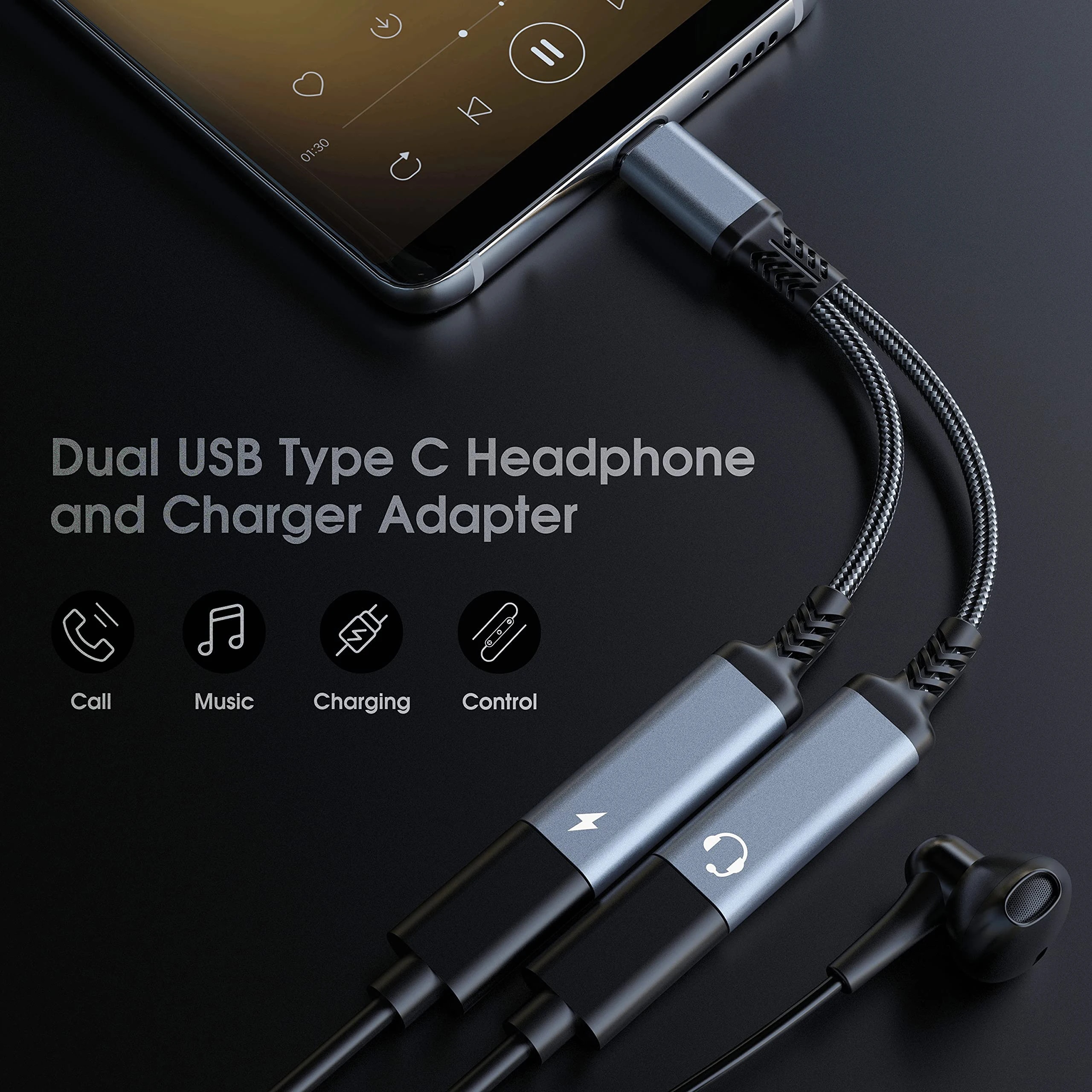 2 IN 1 OTG Headphone Jack USB Type C Splitter to Dual USB C Headphone Adapter 60W Charger for iPhone 15 Samsung Huawei Xiaomi. 