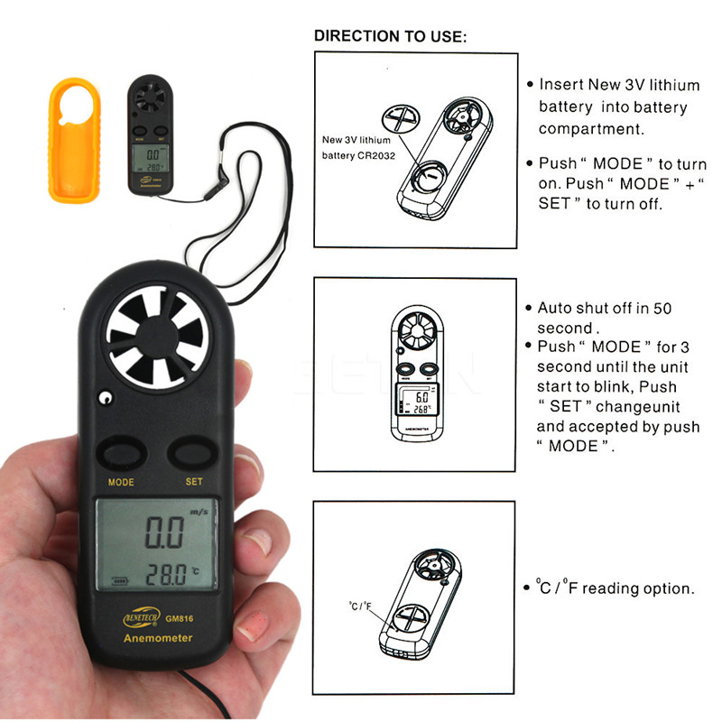 Digital Anemometer 0-30m/s Wind Speed Meter Mini Air Velocity Airflow -10°C ~ 45°C Temperature Tester with LCD Backlight. 
