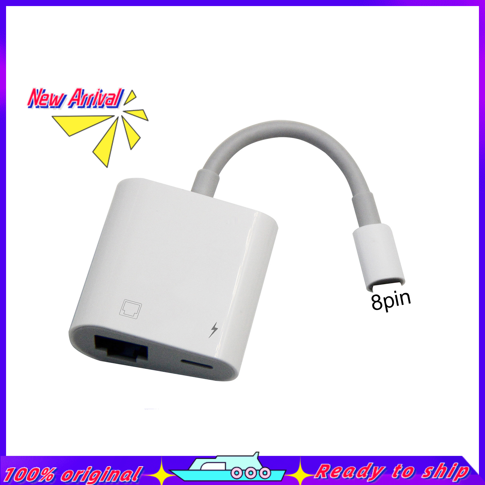 Portable Durable 8Pin to RJ45 ABS Plug Play Ethernet Converter Adapter for Apple Mobile Phone. 