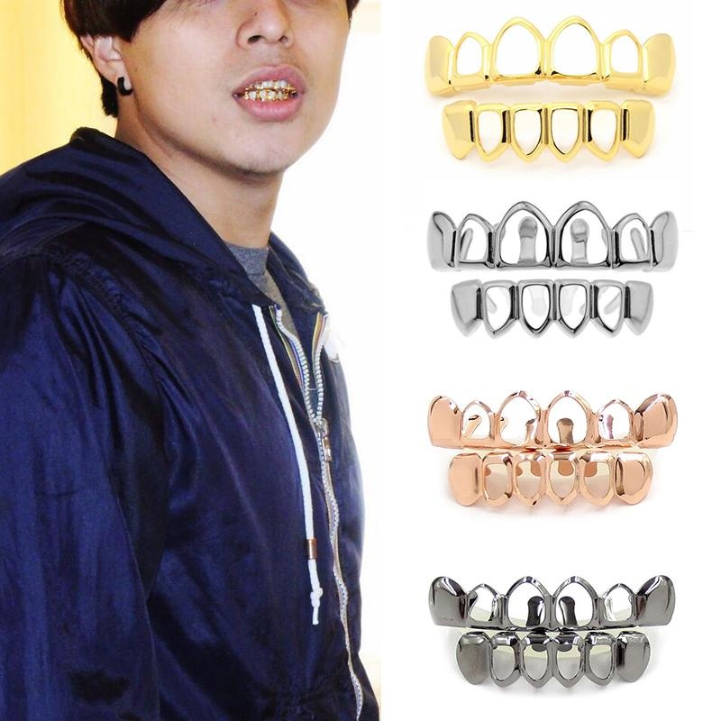 Fit Rock Style Gold Plated Open Face Teeth Grillz Caps Top & Bottom Grill Set. 
